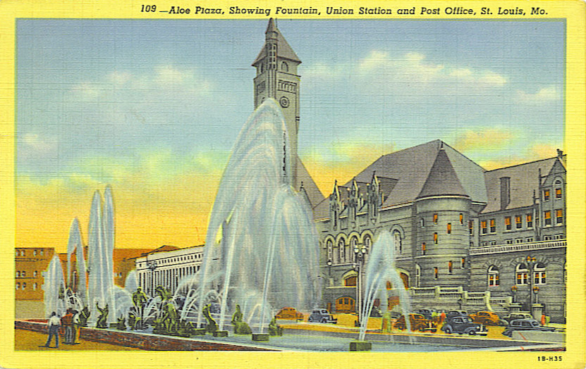 Aloe Plaza, Showing Fountain, Union Station and Post Office, St. Louis, Mo.